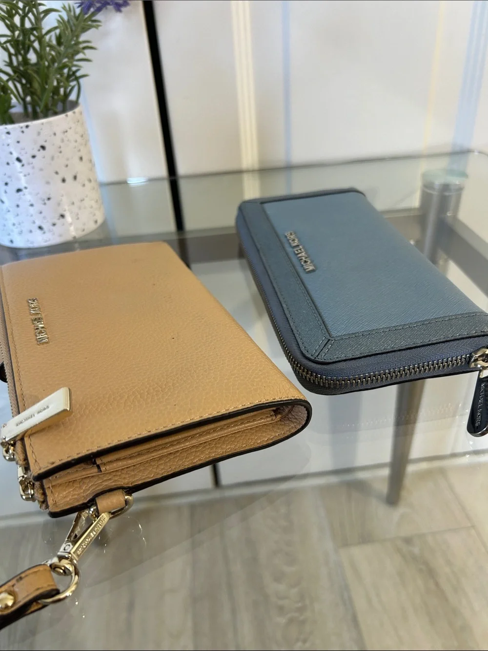 Michael Kors Blue Wallet and Tan Wristlet Set